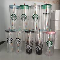 24 Unzen Starbucks Grande Isoliert Reisen Tumbler Doppelwand Acryl Doppelwand isoliertes Plastik Regenbogen Stroh Cup263t