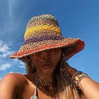Kadın güneş saman el yapımı gökkuşağı çizgili tığ işi plaj boho kova şapka 220727