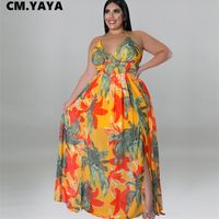 CM.YAYA Plus Size Floral Print Women Spaghetti Strap Hatler V-neck High Waist Big Swing Fit and Flare Backless Maxi Dress 220516