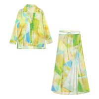 Work Dresses Female Clothing Fashion Satin Texture Lacing High-Waisted Midi Skirt Vintage Tie-Dye Print Skirts Womens 2022Work