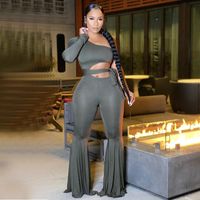 Women's Jumpsuits & Rompers Jumpsuit Romper Women Solid Color Flare Pants Sexy Bandage Hollow Out One Shoulder Long Sleeve Autumn Winter Wom
