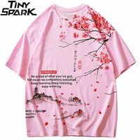 Men Hip Hop T Shirt Streetwear Japanese Sakura Painting Tshi...