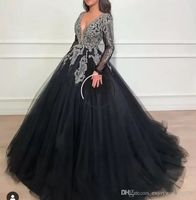 Nuovo arrivo sexy a V Neck nero abiti da ballo musulmani abiti a manica piena perline da paillettes in cristallo abito da sera di abiti da sera Dubai kaftan bc1369