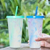 2022 Yeni 710ml Kahve Renk Değişimi Saman Tumbler Tek Katman PP Sıcaklığa Duyarlı Plastik Renk Kupası