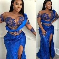 2022 Plus Size Arabic Aso Ebi Royal Blue Mermaid Prom Dresses Lace Beaded Evening Formal Party Second Reception Birthday Engagement Bridesmaid Gowns Dress ZJ588