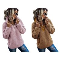 Women's Sweaters Kf-2PCS Women Sherpa Sweater Teddy Fleece Pullover Half Zipper Tops Female Warm Coat Sweaters, Pink & Camel