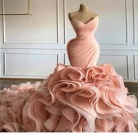 2021 Blush Pink Mermaid Wedding Dresses Elegant Sweetheart V Neck Tiered Skirt Ruffles Princess Trumpet Vestidos De Novia Wedding 264Q