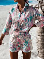 Spares de pistas de mujeres camisas casuales set de verano dos piezas Sets para mujer EXTIFITOS Fashion Media manga blusas pantalones cortos playa estampada para femenino C