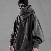 Houzhou Techwear Black Hoodie Hoodies 스웨트 셔츠 캡 baggy harajuku 일본 거리 힙합 가을 터틀넥 맨 J220714