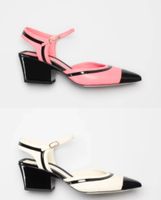 AAAAA + Moda Tasarımcısı Sandalet Terlik Koyun ve Buzağı Patent Deri Kontrast Renk Detayları Sivri Burun Topukları 6 cm Noble ve Zarif Bayanlar