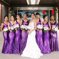 2020 Sexy Purple Sequined Mermaid Bridesmaid Dresses Deep V Neck Sleeveless Backless Floor Length Plus Size Formal Wedding Party G173b