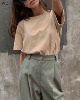 Wotwoy sommer gestricke grundlegende T-Shirt Frauen lässig Baumwolle Kurzarm Tee-Shirts Frauen Frauen Frauen 2021 Neue Mode S-XL
