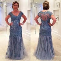 2021 Sexy Luxury Mother Of The Bride Dresses V Neck Cap Sleeves Illusion Mermaid Lace Applique Crystal Beaded Floor Length Plus Si269j