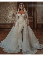 White Mermaid Wedding Dress Sweetheart Sparkly Sequins With Detachable Train Gown Ball Dresses For Women Robe De Soiree