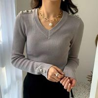 Kadın Sweaters Kadın Sweaters Kadınlar 2022 Sonbahar Kore Tatlı Mizaç Bayanlar V-Neck kazak şık düğmesi ince uzun kollu ince kazak