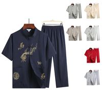 Roupas étnicas bordados porcelana #10 Conjunto tradicional chinês para homens adultos tai chi uniformes linho roupas de manga curta