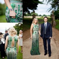 Vintage Great Gatsby Jenny Packham Denizkızı Gelinlik Emerald Yeşil Boncuklu Ülke Bahçesi Boho Plajı Gelin Gowns