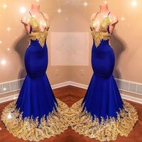 UPS Royal Blue Mermaid Prom Dresses 2022 with Gold Lace Appliqued New African Beads Sequins Evening Gowns Women Sexy Reflective Dress