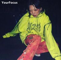 Women's Hoodies & Sweatshirts Harajuku Hip Hop Kpop Gothic Streetwear Loose Oversize Hoodie Handmade Tassels Embroidery Fluorescent Green Wo