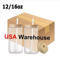 Stock de EE. UU. 12 oz 16 oz Tazas de cerveza de vaso de sublimación con tapa de bambú paja en blanco didal