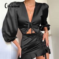CNYISHE Sexy Deep Vneck Party Dres Satin Lace Up Ruffles Holow Out Ruched Dress Female Vestido Elegant Slim Mini Dresses 220702