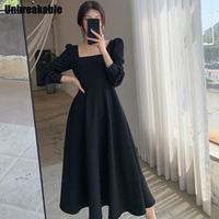 One-Piece Korean Dresses Autumn 2022 Long-Sleeved French Vintage Style Square Neck Black Dress Women&#039;S Long Skirts
