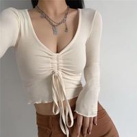 Kadın T-Shirt Kadın Mahsul Gömlek Zarif Katı Üstler Seksi Temel Top Sıradan Bayanlar Gömlekleri Şık Drawstring Kadın Tshirt