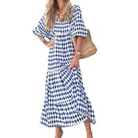 Lässige Kleider Sommerkleid Frauen 2022 V-Ausschnitt High Taille Big Hem Maxi Böhmen Print 3/4 Laternenhülle Baggy Streetwearcasual