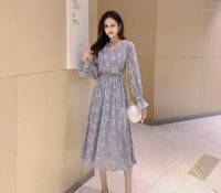 Llegada Mujeres coreanas Chiffon Long Platycodon Bowknot Vestido elegante Vintage Vestidos Vestidos Vestidos casuales
