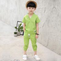 Set di abbigliamento per bambini vestiti a maniche corte magnome+pantalone 2 pc abito per bambini si adatta alla moda in lino di cotone puro estate 4-12 a età verde blu verde blu verde