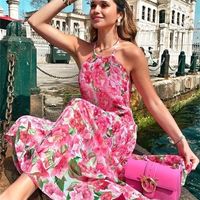 Foridol Sleevelss Halter Maxi Summer Dress for Women Sexy Backless Beach Pink Boho Robe Femme Lace Up Sundress Floral 220601