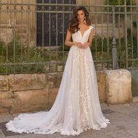 Other Wedding Dresses Weilinsha A-Line Tulle Lace 2022 V-Neck Sleeveless Sweep Train Appliques Vestido De Novia Bridal GownsOther