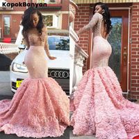 Blush Pink Prom Dresses Mermaid Long Sleeve See Through Neckline Flower Sparkly Crystal African Latest Evening Gown316G