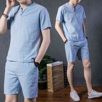 Мужчины набор набор 2022 хлопчатобумажные льняные шорты набор вскользь летняя одежда для мужчин уличная одежда сплошной цвет дыхание прохладная тонкая одежда G220411