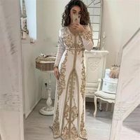 2021 Elegant Ivory Moroccan Kaftan Muslim Evening Dresses Long Sleeve Appliques Golden Lace Islamic Saudi Arabia Dubai Formal Part219D