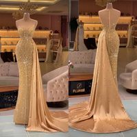 Exquisite Gold Mermaid Evening Dresses With Detachable Train Beaded Crystal Vestidos De Fiesta Dubai Arabic Prom Gown