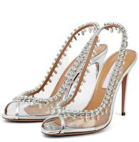 Letnie luksusowe pokusy kryształowe sandały buty dla kobiet ozdobione PVC Peep Toe Sexy Sling-Back House Heels Wedding Party