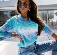 Women's Sweaters Blue And Green Tie-Dye Pattern Sweater Round Collar Long Sleeve Tops Fashion Outwear Ladies Knitted Pullover Coat