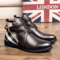 Men Denim Boots Pu Stitched Low Heel Buckle Design Checkered...