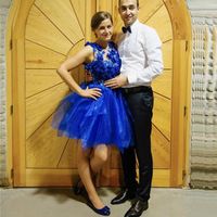 Élégante dentelle bleue Appliques robes de soirée porter une robe de bal tulle courbard