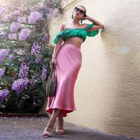 Skirts Pink High Waist Satin For Women Amkle Length Yong Girls Causal Straight Skirt Birthday Po Shoot Gow Only Sell