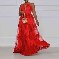 Summer Plus Size Maxi Dress Women's V Neck Halter High Waist Swing Embroidered Backless Female Red Sexy Mesh Party Long Dress H220510