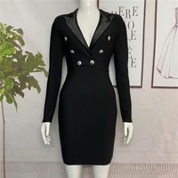 Günlük elbiseler yüksek kaliteli siyah uzun kollu yaka düğmesi dekorasyon vücut banda elbise kadın 2022 Sonbahar Mini Seksi Parti