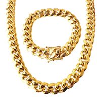 Stainless Steel Jewelry Set 18K Gold Plated High Quality Cuban Link Necklace & Bracelet For Mens Curb Chain 1.5cm 8.5" 22&quo299J