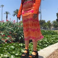 Etekler Kadın Moda Sundress Çiçek Baskı Parlak Renkler Bohemian Stil Rahat Yaz Tatil Plaj Parti Streetwear Turuncu Midi Etek