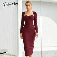 Casual Dresses Yitimoky 2022 Winter Black Long Sleeve Bodycon Bandage Dress Sexy Strapless Wine Red Midi Celebrity Evening Runway Party Dres