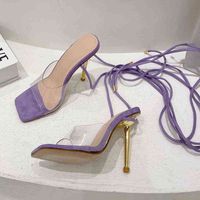 Модные женские сандалии на высоком каблуке, прозрачные высокие каблуки, с металлическим крестом ремешком, фиолетовый, 42