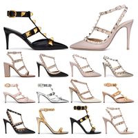 Designers high heel Dress Shoes Ankle Strap Roman Stud black nude white with Rivets womens stiletto chunky heels 6 8 10 CM pointed open toes fashion
