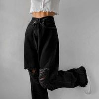 High-rise female high street distressed jeans torn straight tassel load casual pants loose mother jean