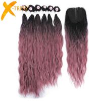Synthetic Hair Bundles With Closure Middle Part Rose Pink Ombre Color Hair Extensions Weave For Women X-TRESS Long Natural Wave H220429